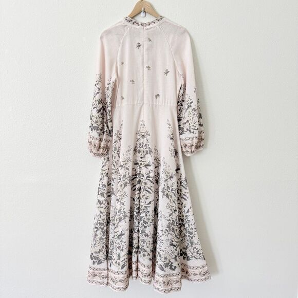 Zimmerman Women's Size 1 US 6 Golden Floral Long Sleeve Silk Linen Maxi Dress - Picture 5 of 12